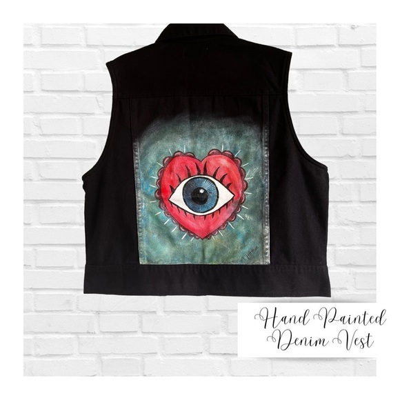 Hand Painted Evil Eye Black Denim Jean Jacket St John’s Bay Size Women’s Med … - Picture 1 of 8